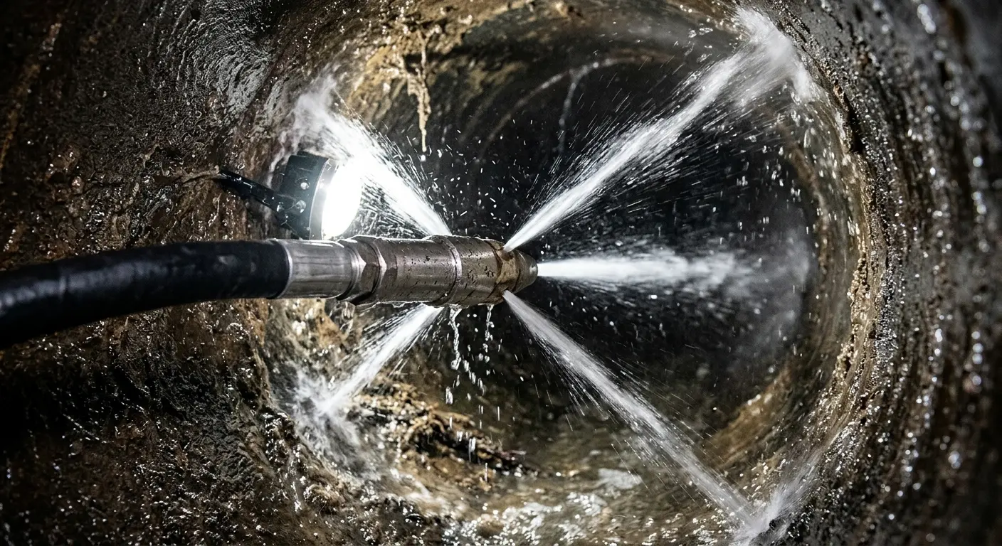 High-pressure hydro jetting nozzle cleaning sewer pipe for Sewer Cleanout in Livingston