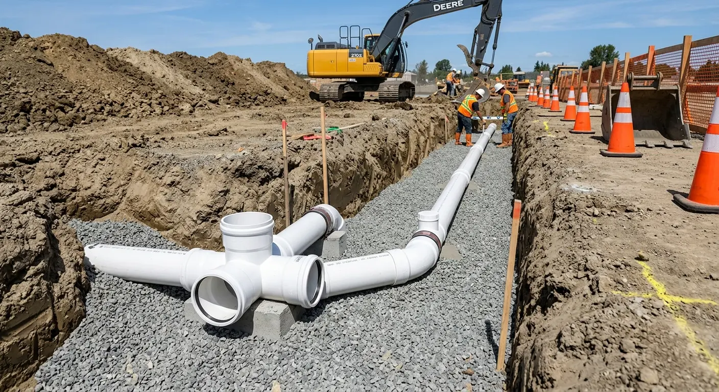 New PVC sewer pipe installation in open trench for Sewer Backup in Livingston