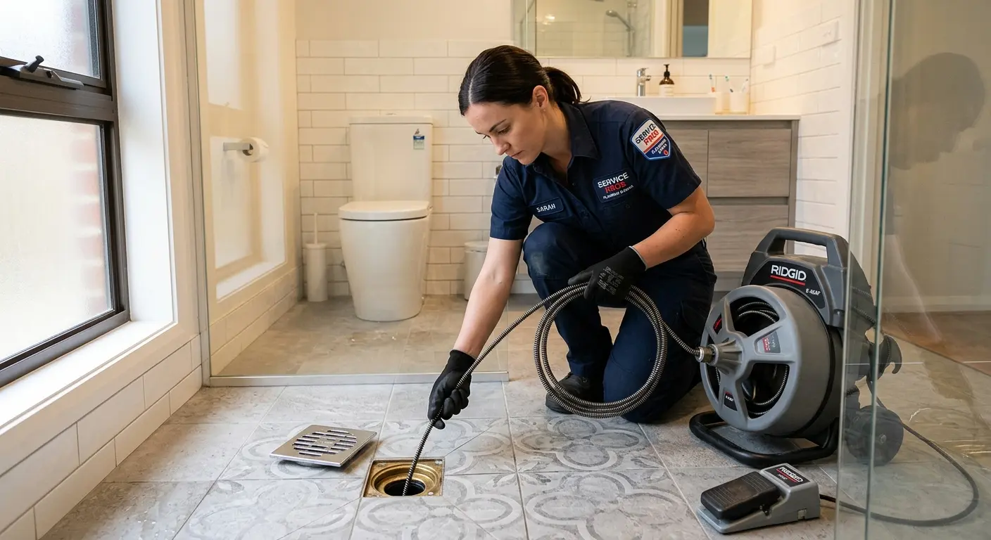 Technician clearing a bathroom floor drain for Drain Cleaning in Livingston
